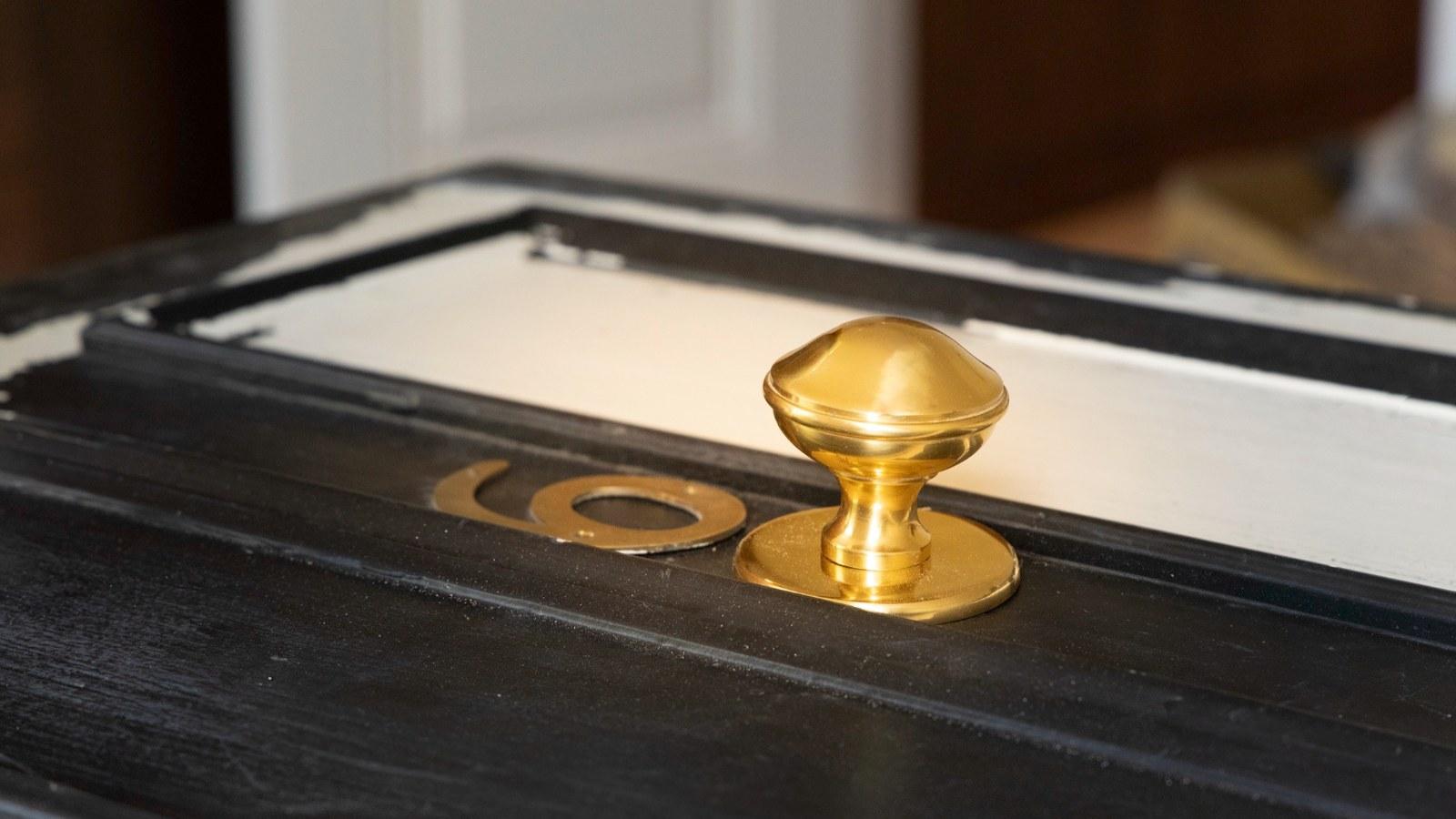 A solid brass cabinet knob and escutcheon on black painted panelled joinery, close up