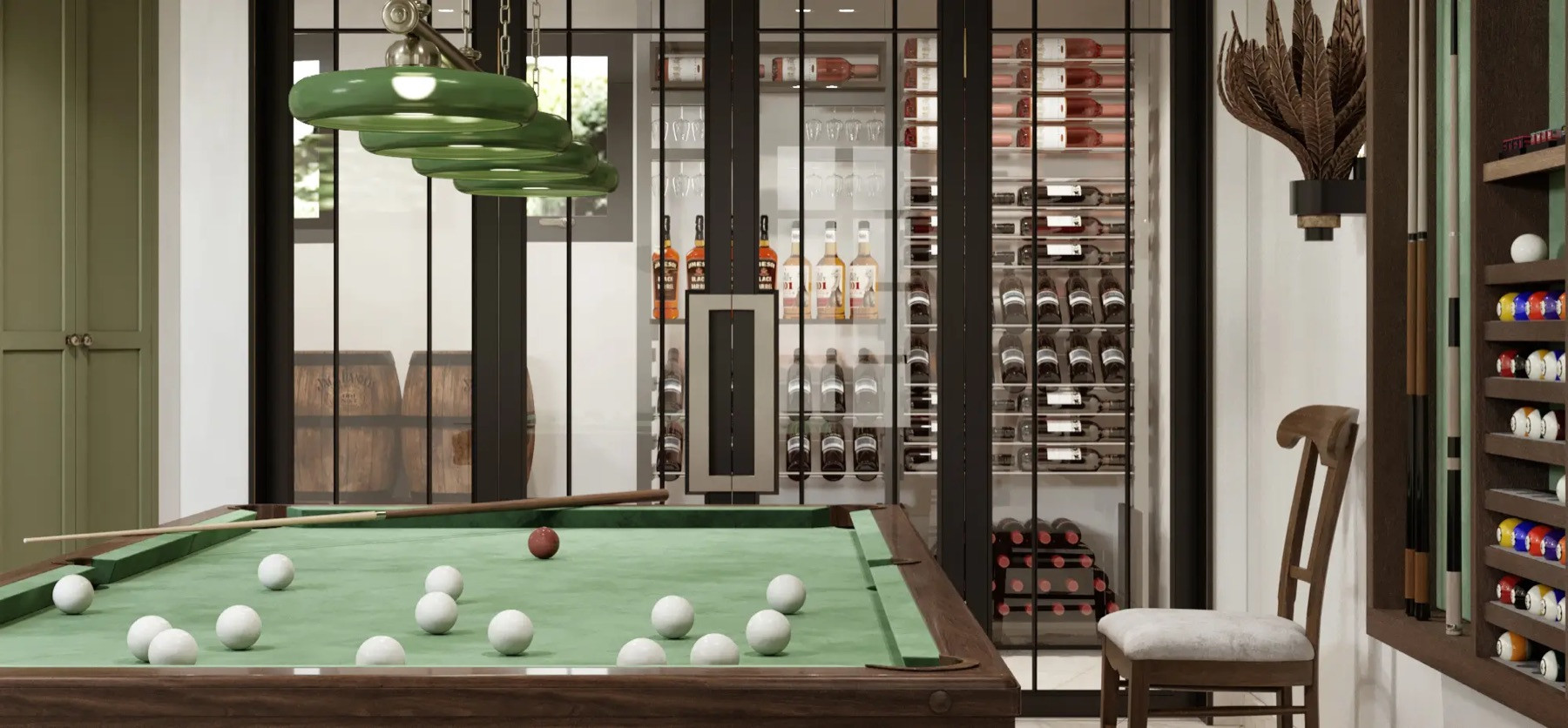 Bespoke games room in London, designed and built by MVV, with a pool table beneath green pendant lights, a glazed wine store and a joinery-built cue rack