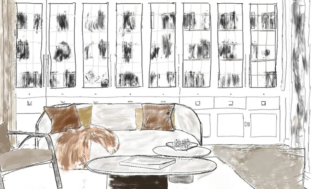 Interior designer's hand sketch of a living room scheme in London with full-height glazed cabinetry, by MVV