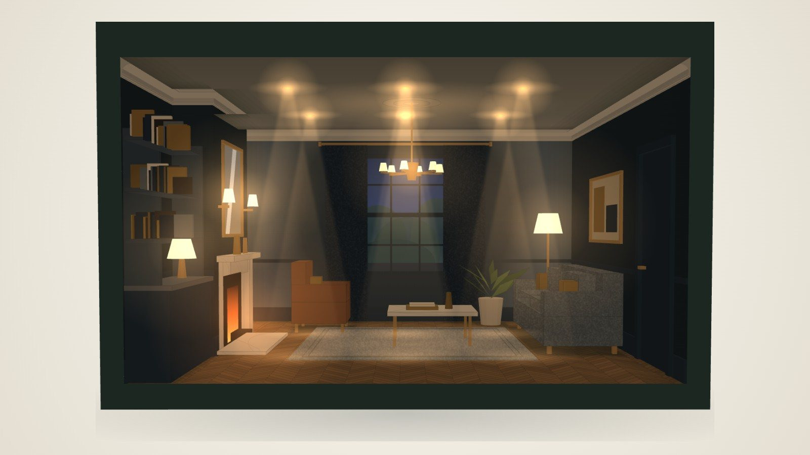 The Colour Room's section view of an ink blue room in the evening, lit by a chandelier, downlights, wall lights beside the mirror, lamps and the fire.