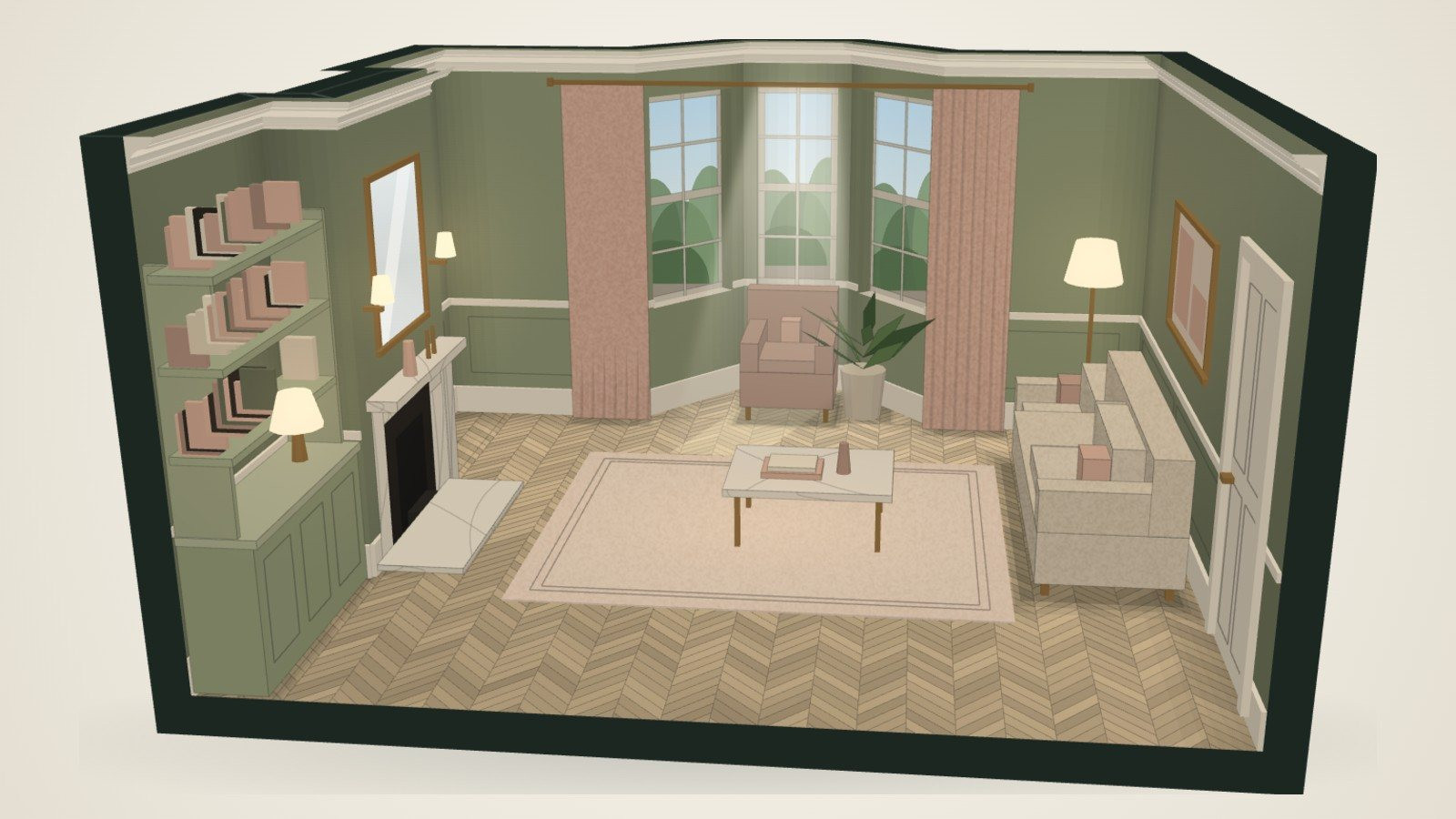 A period reception room drawn by the Colour Room, with a bay window, sage walls, plaster pink curtains and herringbone flooring.