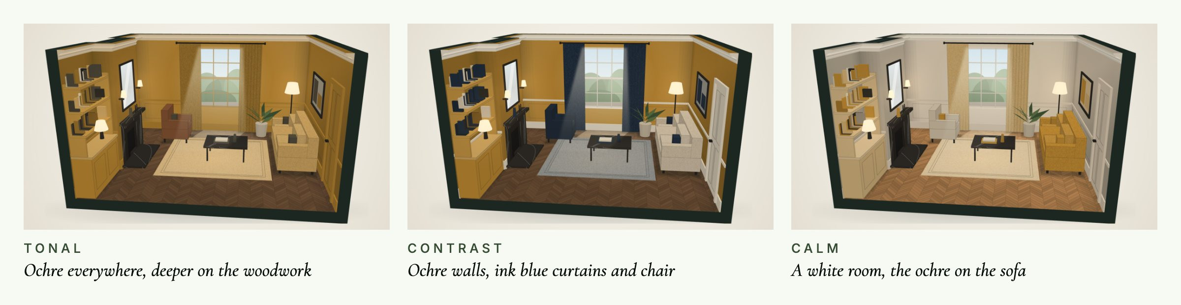 The same room drawn three times in ochre: tonal, with ochre everywhere; contrast, with ink blue curtains and chair; and calm, a white room with an ochre sofa.