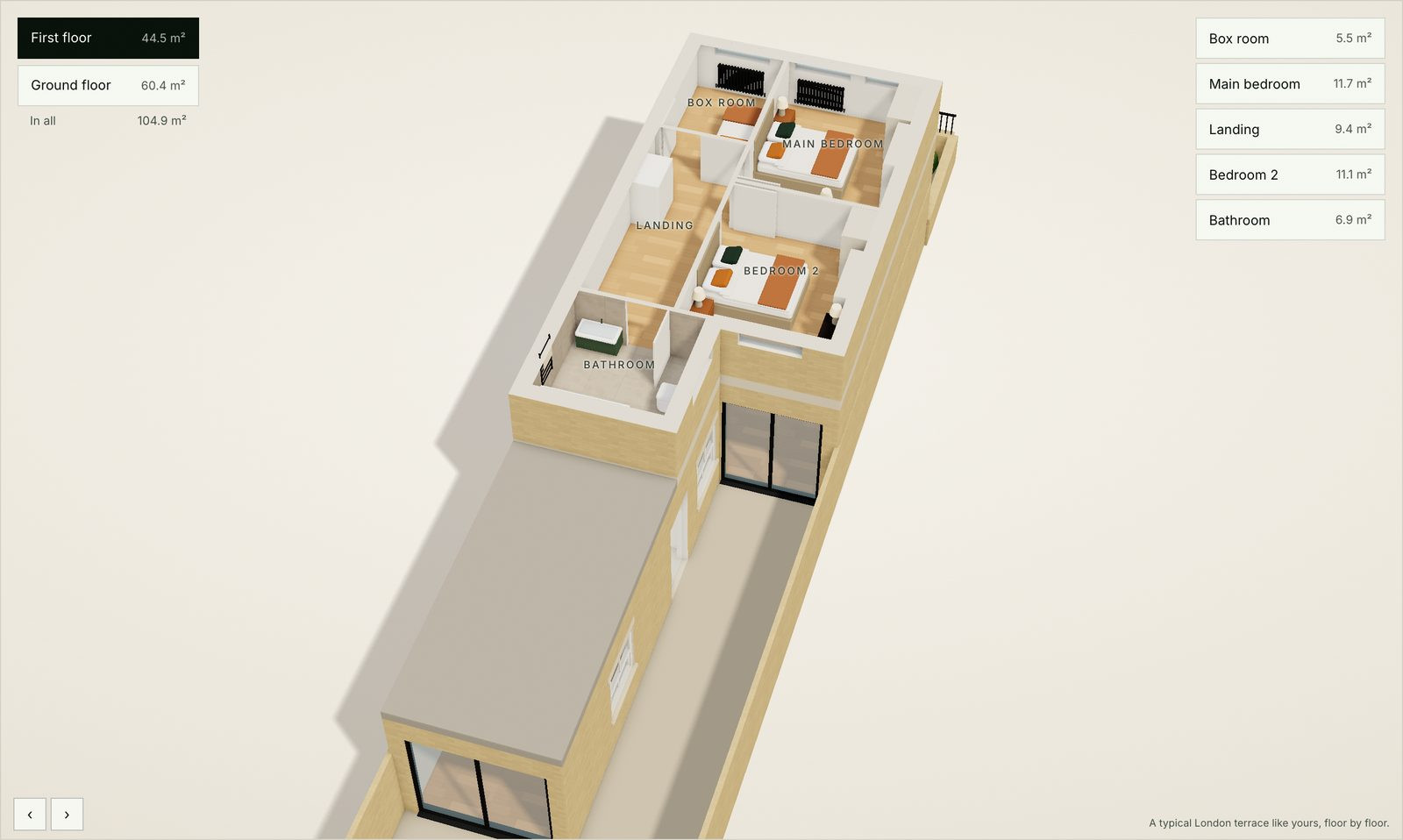 The first floor of a Victorian terrace in 3D, cut away to show a box room, the main bedroom, the landing, a second bedroom and the bathroom, furnished.