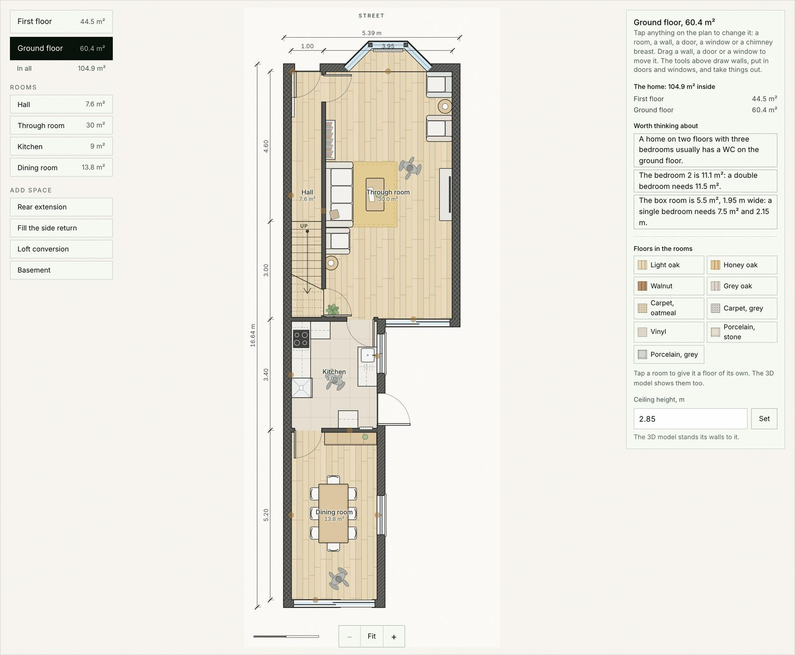 A Victorian terrace's ground floor plan in the Free Extension Planner, with its floors and rooms on the left and the floor's sizes and notes on the right.