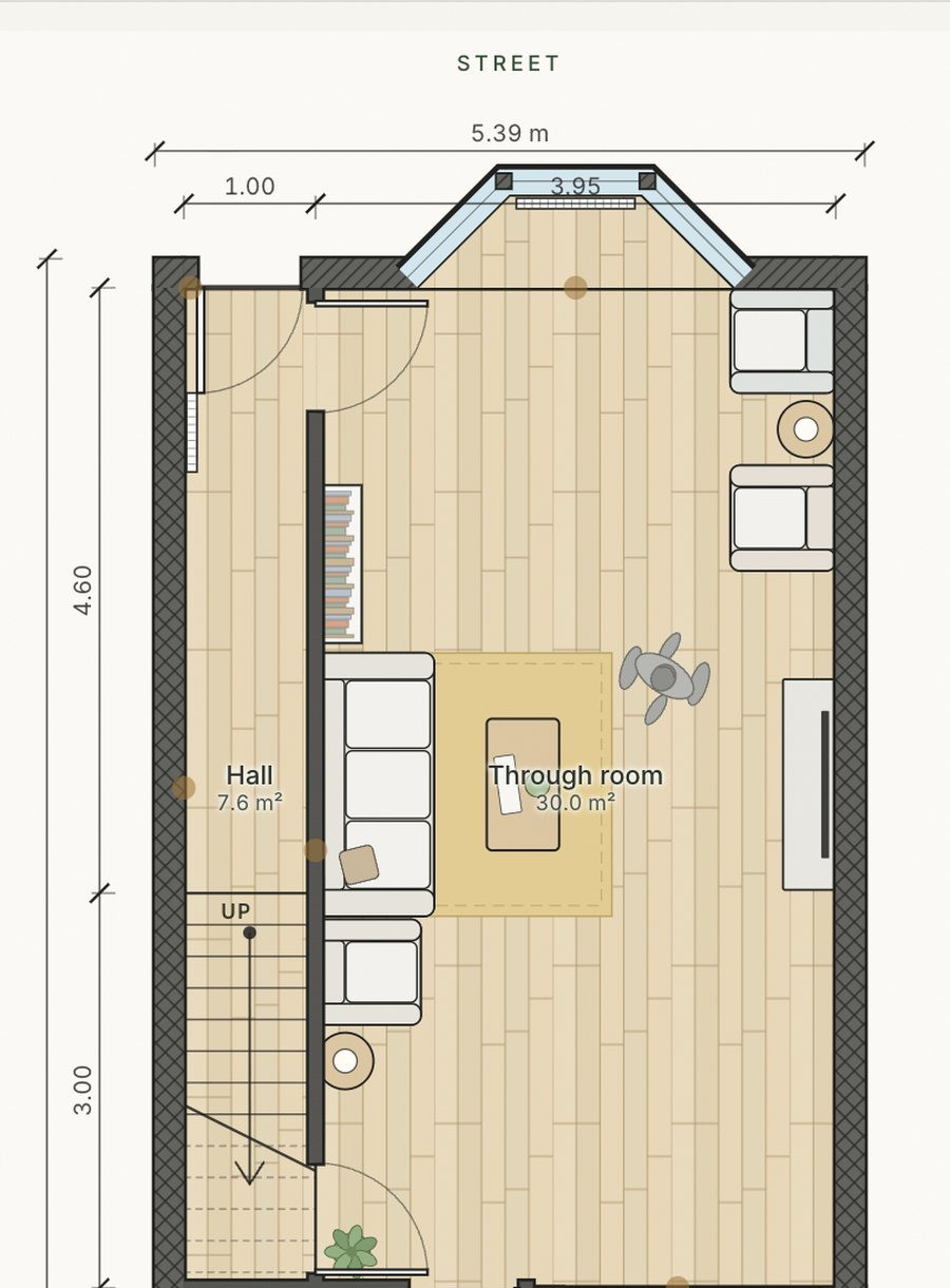 The front half of a Victorian terrace's ground floor plan: hatched walls, a bay window, door leaves with their swings, the stairs marked UP with a break line, furniture and the room sizes.
