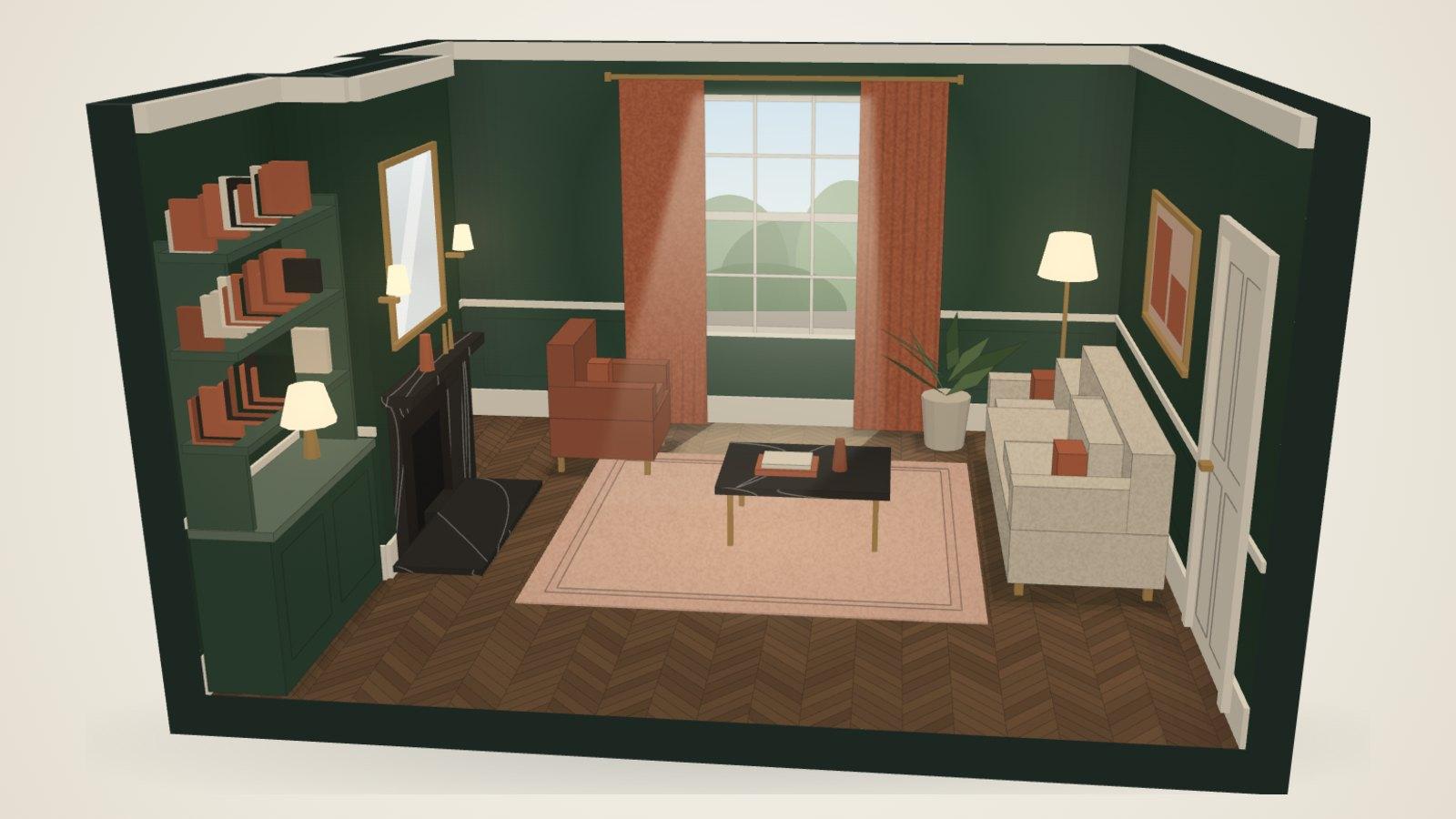 A period London reception room in the Colour Room, its walls in deep forest green with terracotta curtains