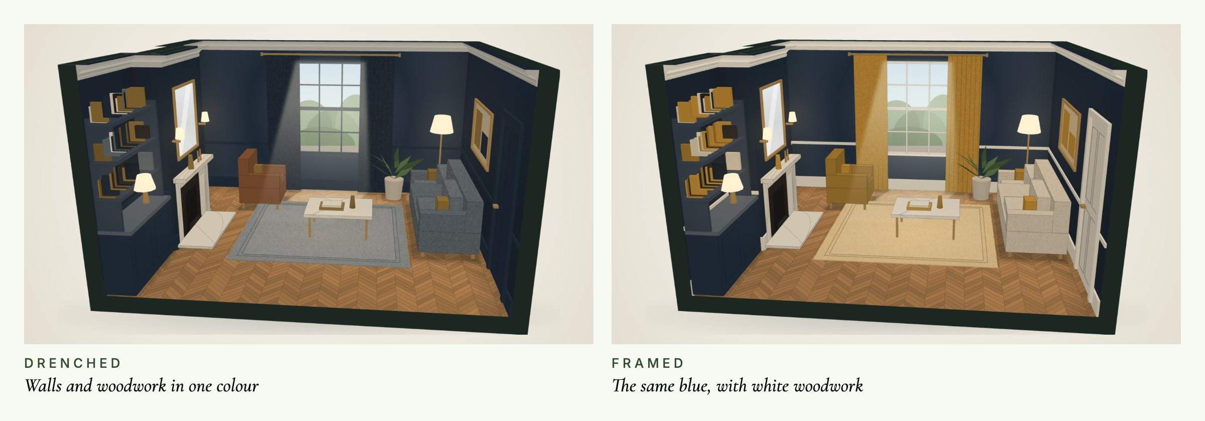 The same ink blue room drawn twice: drenched, with the walls and woodwork in one colour, and framed, with white woodwork.