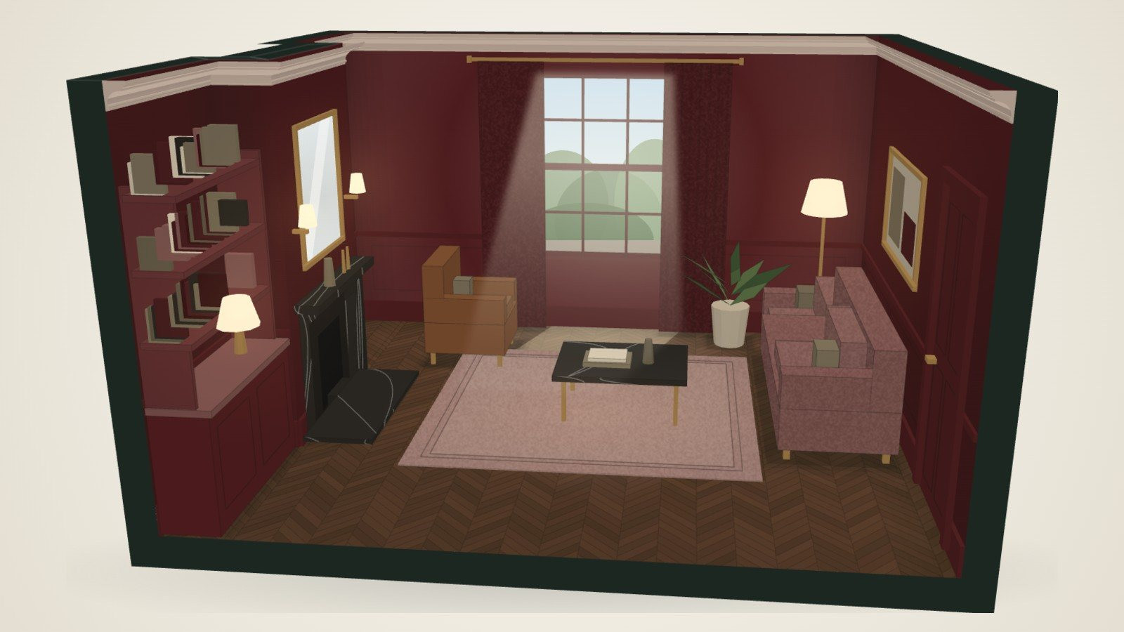 A period room drawn by the Colour Room in oxblood, with the walls, woodwork and joinery in deeper and paler versions of the same red.