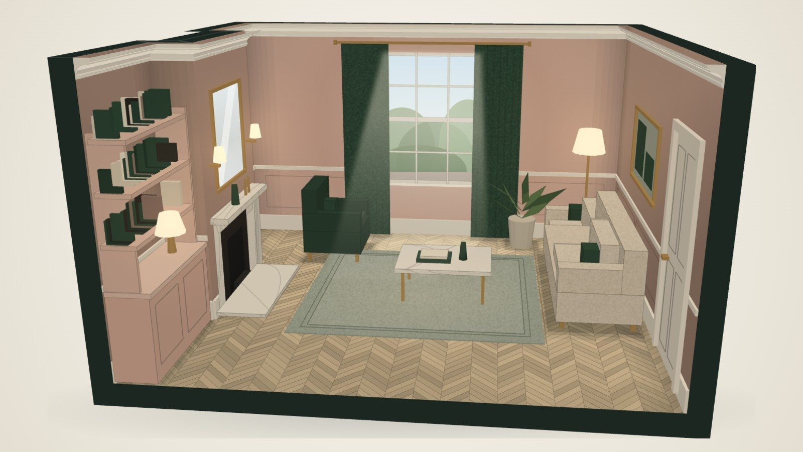 A period room drawn by the Colour Room in plaster pink, with forest green curtains and a forest green armchair.