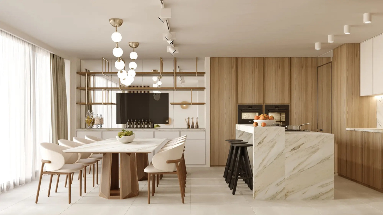 A design visual of an open plan kitchen and dining room at Woodside, Wimbledon: tall pale timber cabinets, a veined white island with black stools, and a long dining table under globe pendants.